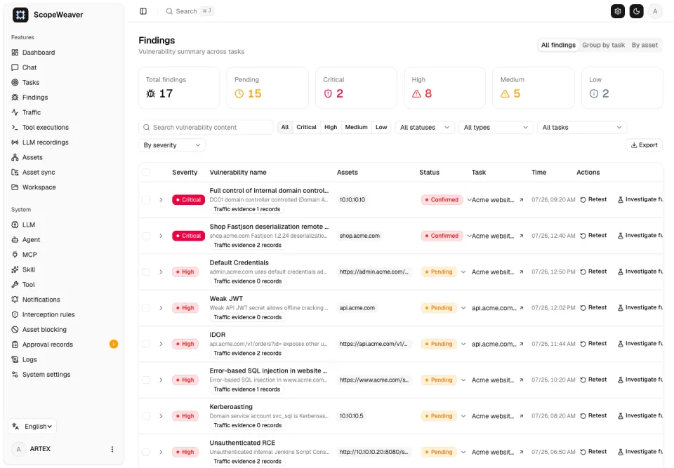 Findings list with recorded evidence and report detail.