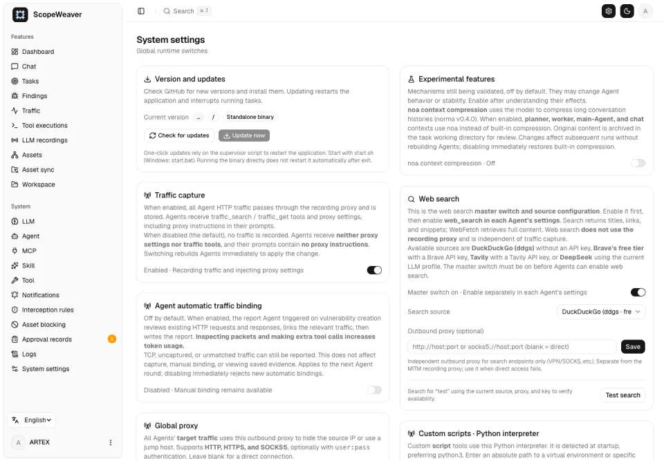 System settings including worker concurrency and version and updates.
