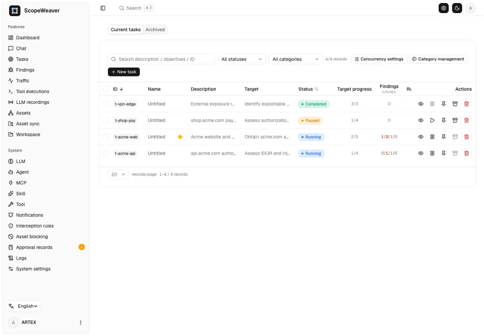 Task list with status, agent counts and the per-task exploration view.